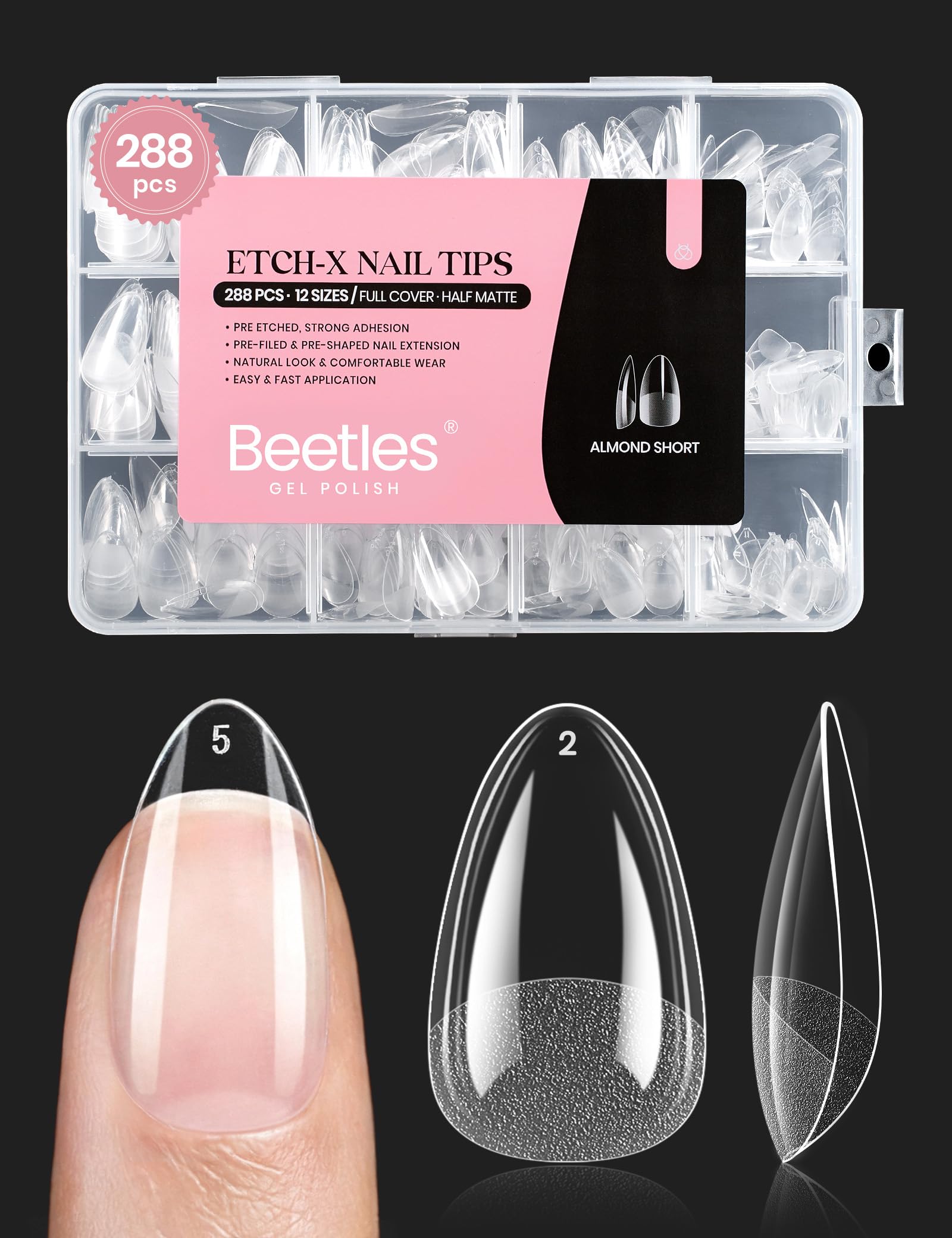 Beetles Soft Gel Nail Tips Short Almond 288pcs in 12 Sizes, Etch-X Pre-Etched Full Cover Acrylic Fake Nails Art, Salon Quality Nail Supplies, Easy DIY Nail Extension or Press On Nails, Gift for Women