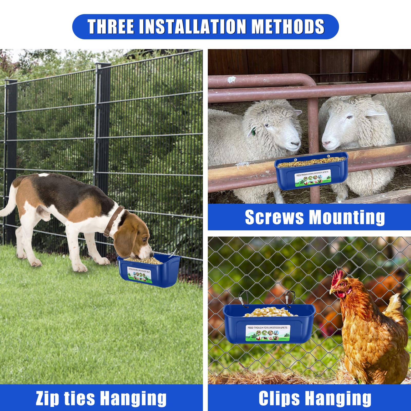 Alimentador de pollo, comedero colgante para pollo, paquete de 6 suministros de comedero de pato, cabra, cerdito, oveja, gallinero, perro, ganado, aves de corral, cubo de plástico con clips, azul