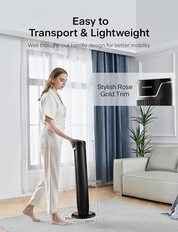PELONIS Kule Fan, Uzaktan Kumanda, 38dB Fısıltı Sessizliği, 5 Hız Kademesi ve 4 Mod, LED Ekran, 15h Zamanlayıcı, 90° Salınım