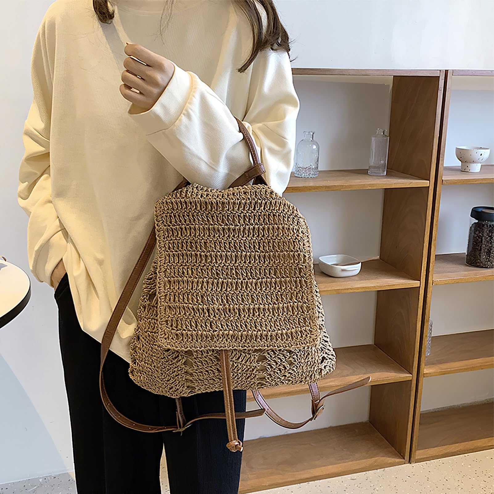 Mochila pequeña de paja para mujer, estilo bohemio, con cordón, hecha a mano, para playa, hombro, mochila de verano