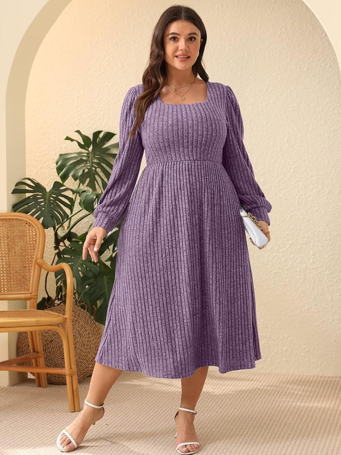 BELAROI Plus Size Dresses for Curvy Women Maxi Sweater Dress Long Sleeve Midi Fall Winter Outfits Lighweight Square Neck - Image 4