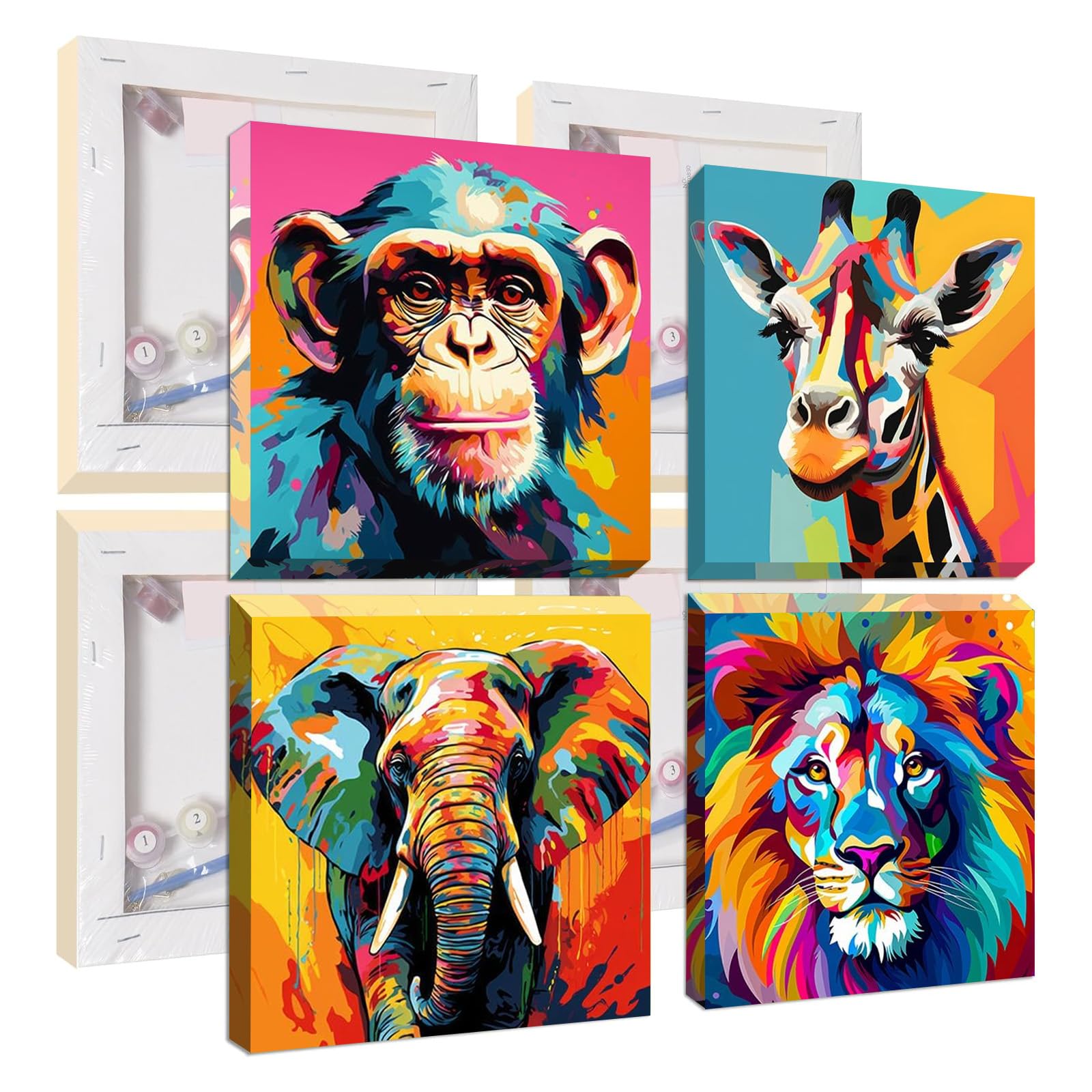 TLIOBLO 4 Pack Colorful Animals Paint by Number Kit for Adults with Frames, DIY Colorful Animals Adult's Painting by Number Kits on Canvas for Home Wall Decor Gift 20x20cm