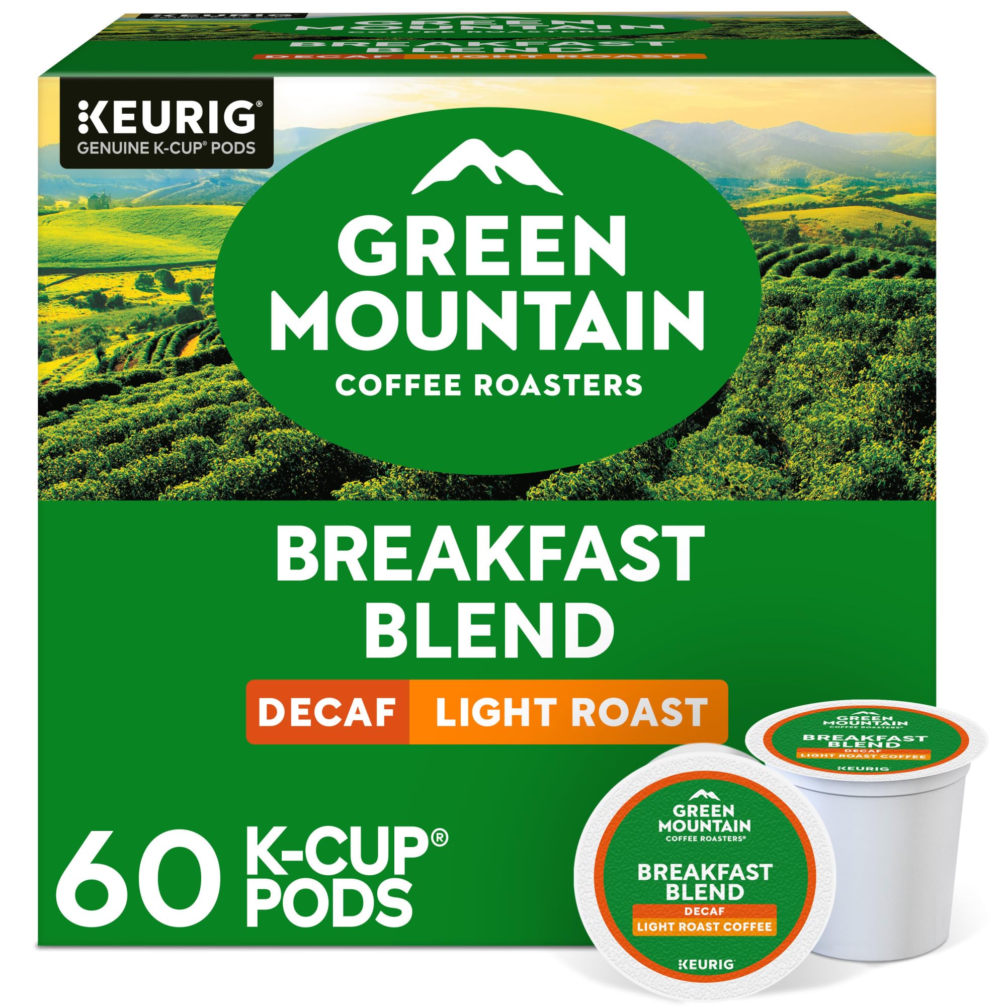 Green Mountain Coffee Roasters Keurig Breakfast Blend Decaf, cápsulas K-Cup de una sola porción, café tostado ligero, 60 unidades (6 paquetes de 10)