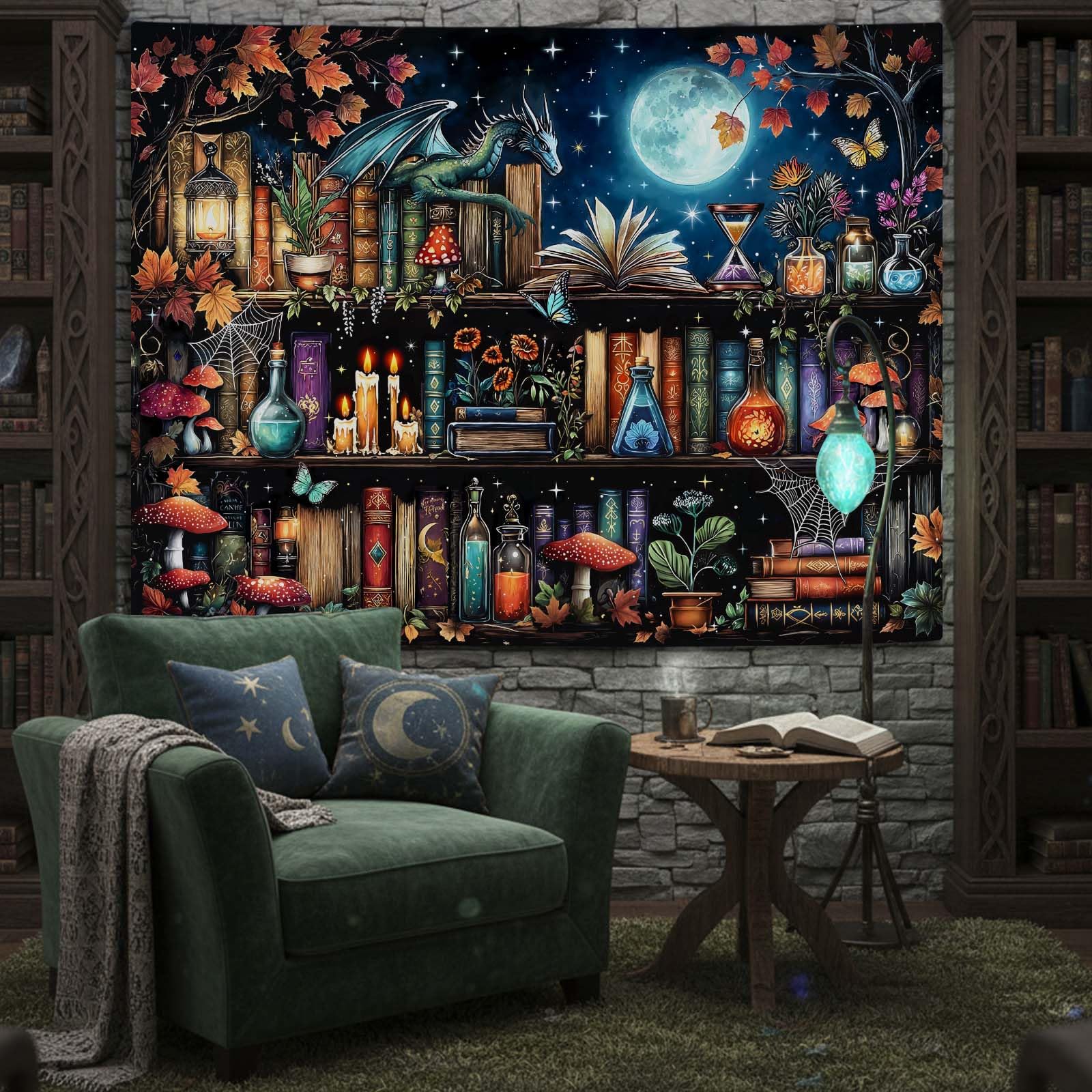 Accnicc Botanical Bookshelf Tapestry Lush Green Plant Book Shelf Tapestries Wall Hanging Art Vintage Retro Potted Plants Academics Library Book Tapestry for Bedroom Living Room Dorm 80 x 60 inch