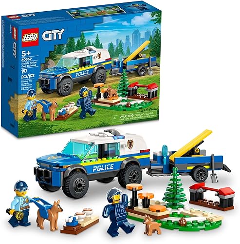 LEGO City Mobile 60369 - Coche de juguete para perros policía con remolque, carrera de obstáculos y figuras de cachorros, juego de animales para