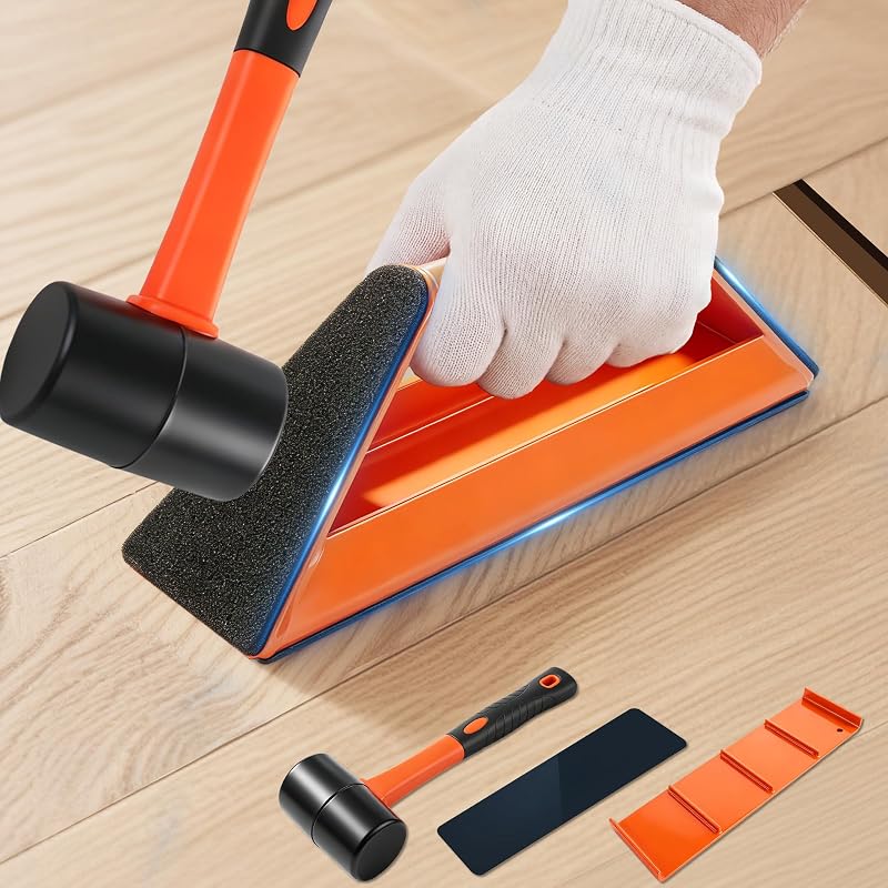 Herramienta para fijar espacios en el piso, herramientas para pisos de vinilo de alta resistencia, herramienta de reparación de espacios en el piso con superficie de roscado de 45 ° y 4 lados, con martillo y almohadilla adhesiva reutilizable para laminado, tablón de vinilo, madera dura