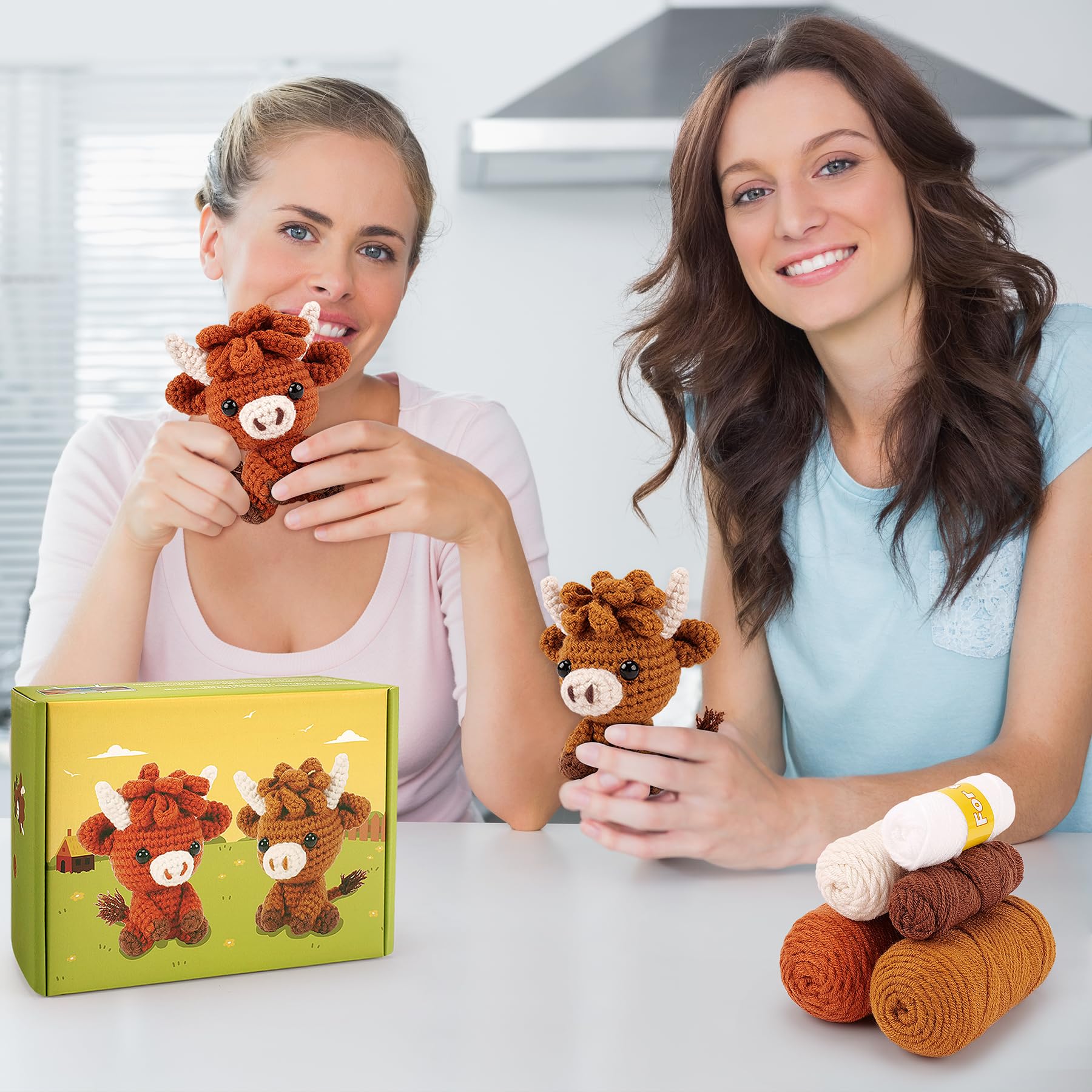 Kit de ganchillo para principiantes, kit de ganchillo de 2 piezas de animales de las tierras altas con tutoriales en video paso a paso, kit de tejido de animales de peluche de ganchillo, kit de