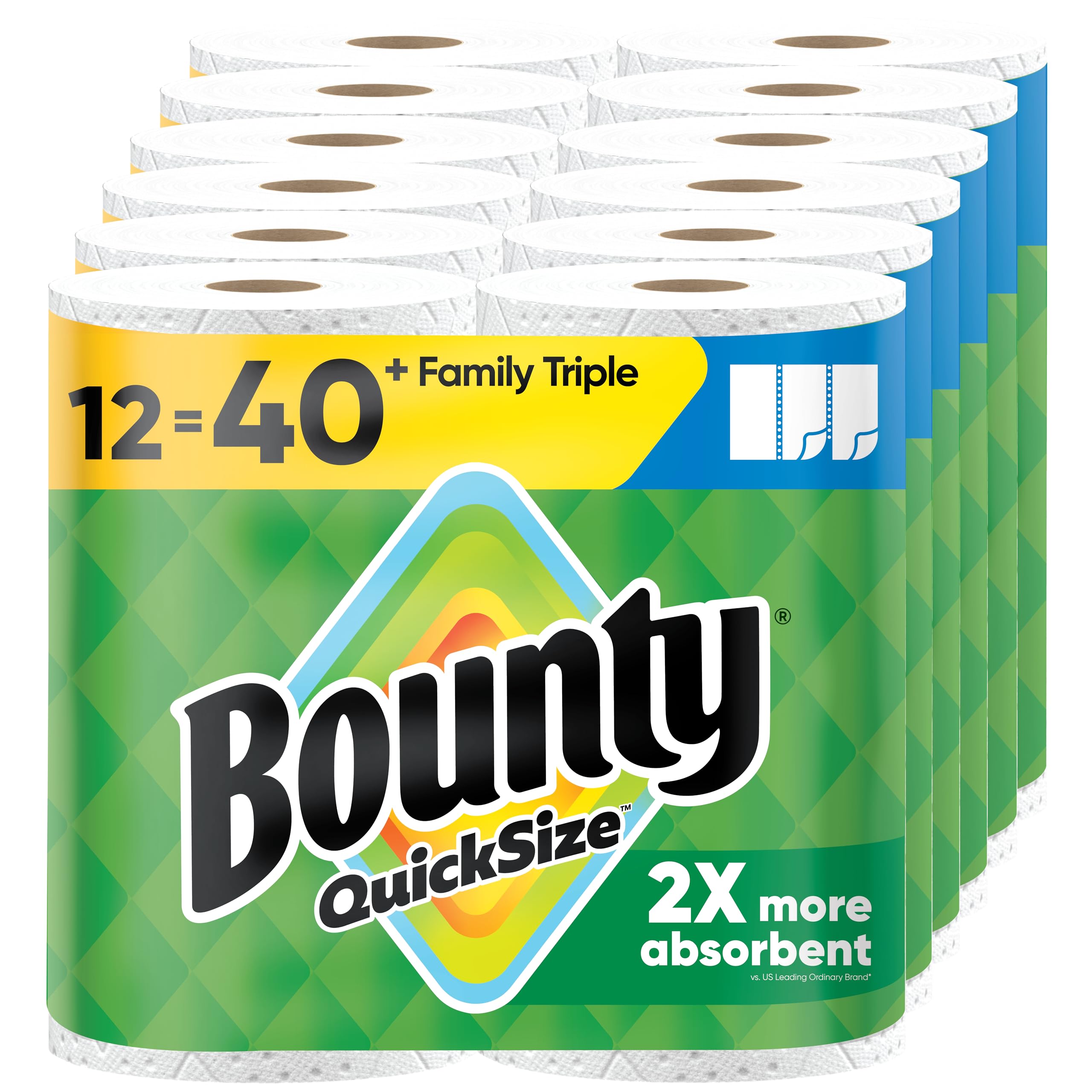 Bounty Quick-Size Paper Towels, White, 12 Family Triple Rolls = 40 Regular Rolls