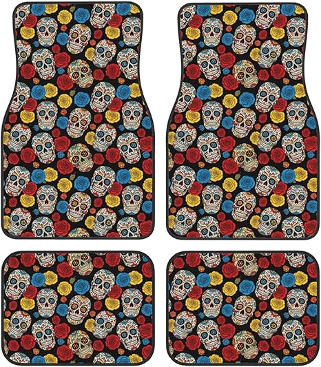 4 Piece Full Set Automotive Floor Mats, Heavy Duty Universal Fit for SUV, Van and Sedan, Mexican Day Dead Rose Sugar Skulls Cars Mat Set All Weather Non-Slip Protection