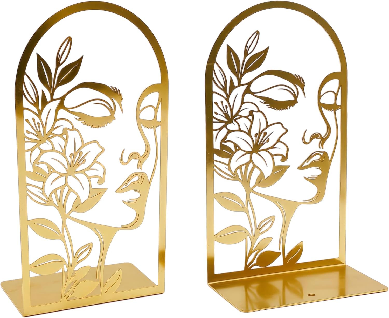 Gold Metal Line Art Woman Lily Flower Bookends for Heavy Books, Decorative Golden Bookends for Shelves Home Office Desk Book Holders for Shelves, Unique Cute Book Ends Gifts for Women Readers