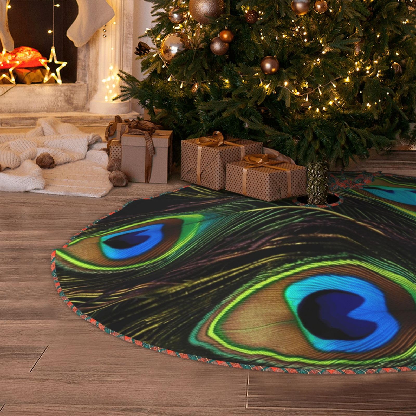 Peacock Feathers Christmas Tree Skirt 48" Artificial Tree Mat Cover Merry Christmas Burlap Xmas Tree Skirt for Christmas Decoration Holiday Indoor Outdoor Winter Party Decor