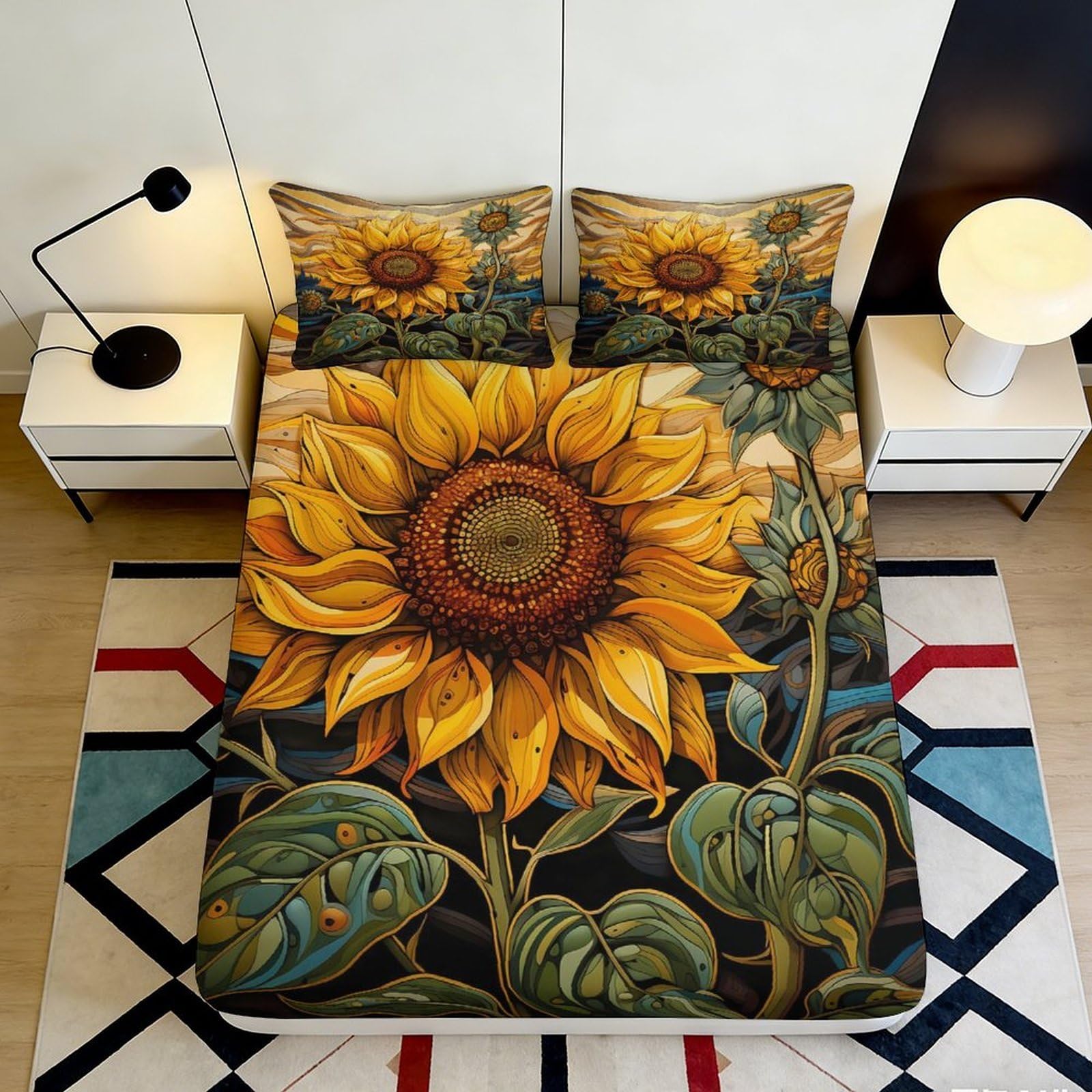 3D Printed Sunflower Fitted Sheet Microfiber Deep Pocket Non-Slip Sunflower Mattress Fitted Cover Full Wrap for Bedroom Adult 160x200x25cm
