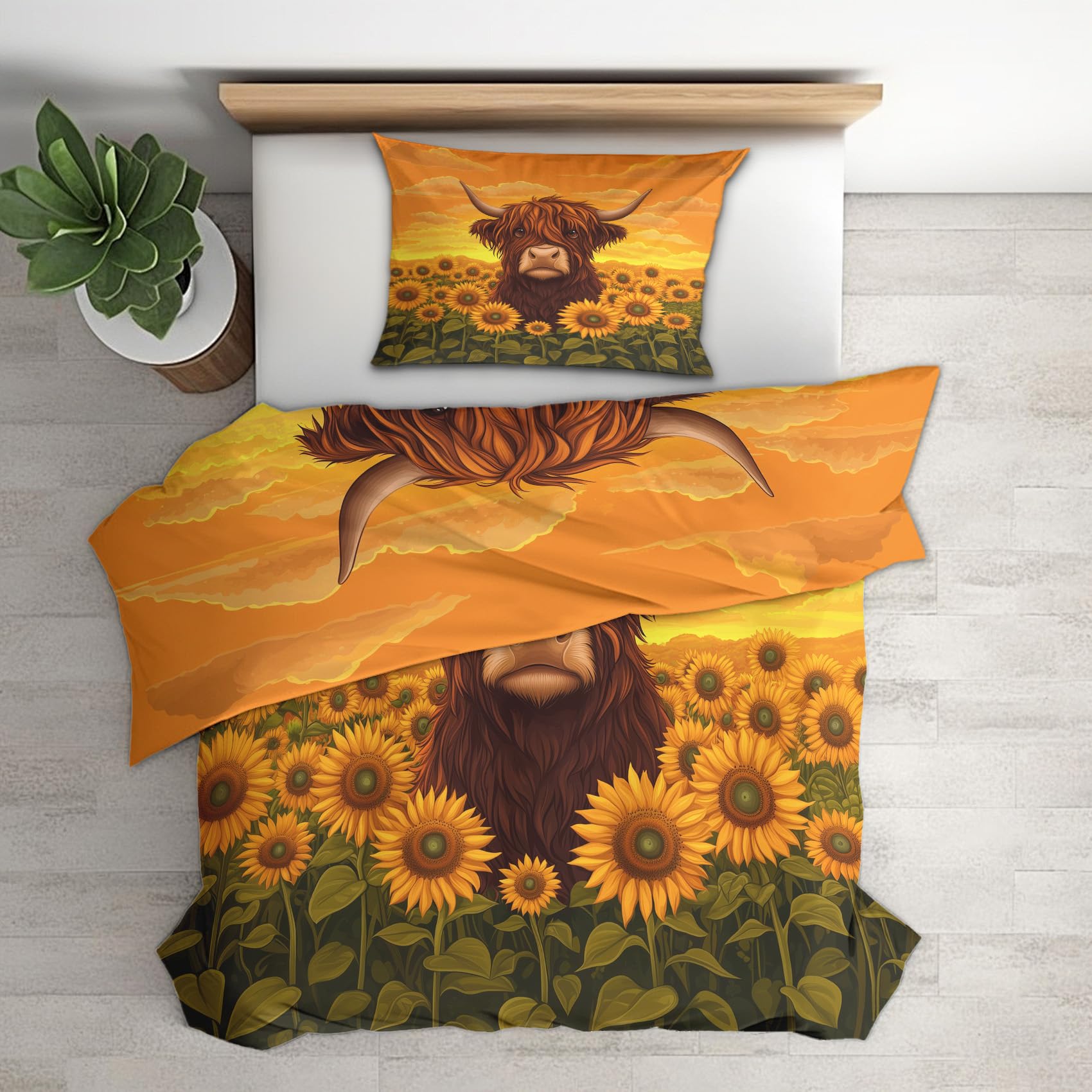 Linge de lit 1 personne vache des highlands 140x200 housse couette tournesol LSZFQ1788