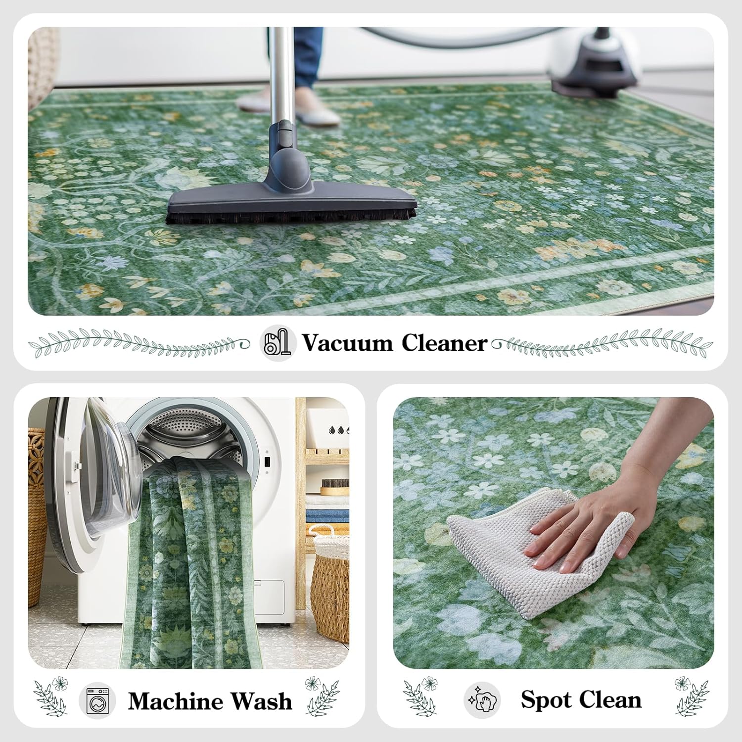 LIVEBOX Green Washable Area Rug 8x10, Soft Floral Rugs for Living Room, Boho Distressed Rugs for Bedroom Non Slip, Low Pile Vintage Indoor Carpet for Dining Room Home Decor