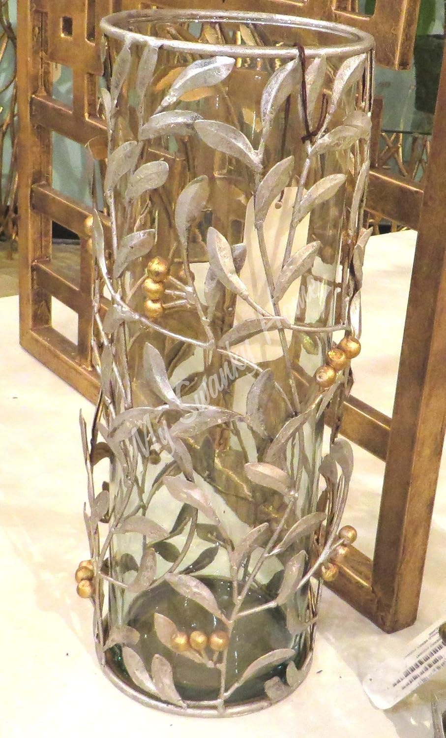 MY SWANKY HOME Tall 15" Leaf Berry Pillar Candle Holder | Metal Hurricane Leaves Branches
