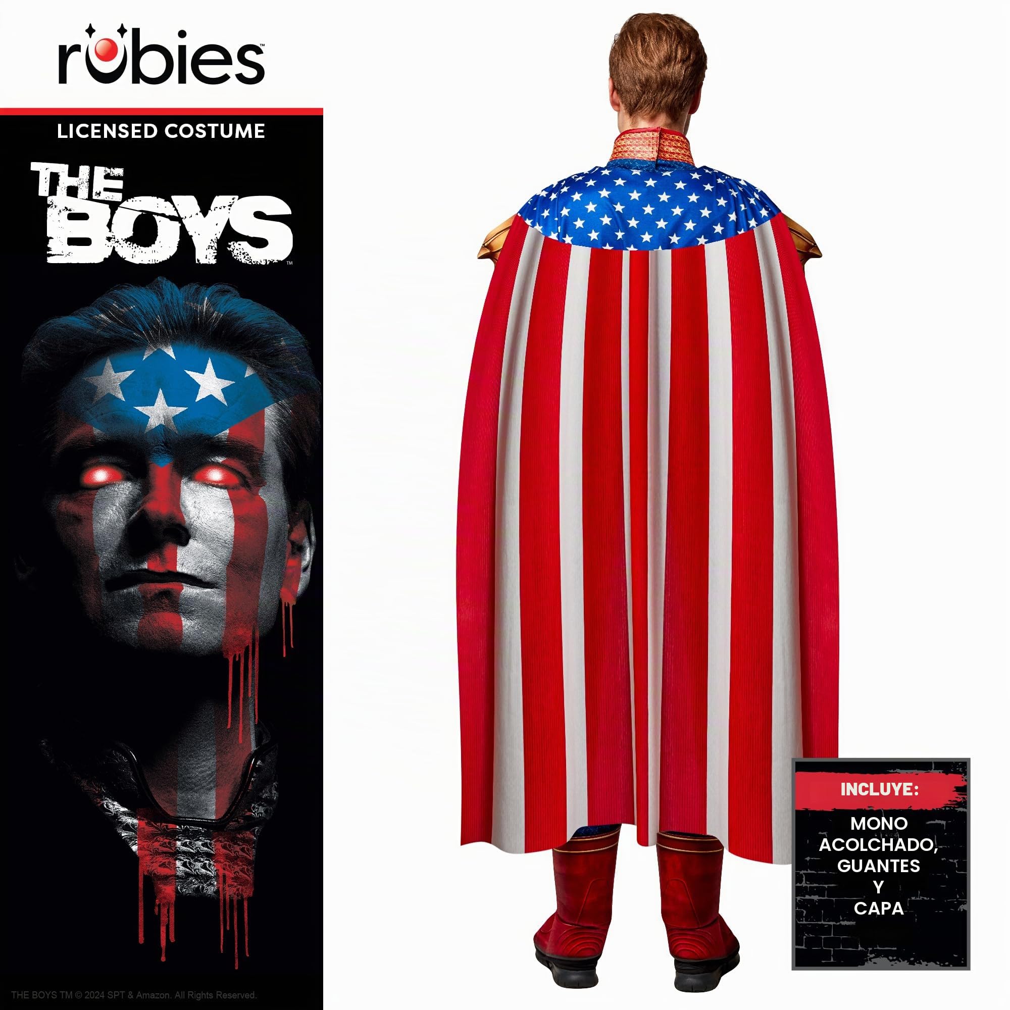 Rubies Disfraz Patriota Deluxe para adulto, Jumpsuit con pecho musculoso, capa y guantes, Oficial The Boys Homelander para Carnaval, Halloween, Navidad y Fiestas