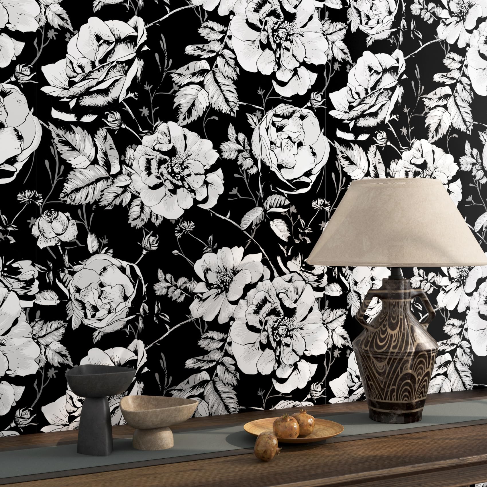 FunStick 44.5CM×9M Papel Pintado Flores Blanco y Negro Gótico Papel Adhesivo para Muebles Flores Papel de Pared Decorativo para Salon Baño Blanco y Negro Rosas Papel Pared Autoadhesivo Dormitorio