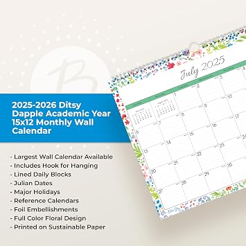 Blue Sky 2025-2026 Monthly Academic Wall Calendar, 15x12, Ditsy Dapple