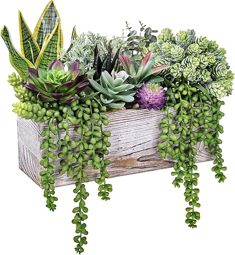 Miniatura 2 de 14 piezas surtidas suculentas artificiales en macetas rectangulares de madera, arreglo de plantas suculentas artificiales en maceta para centro de