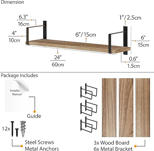 Miniatura 3 de Wallniture Toledo - Estantes flotantes de madera para almacenamiento en la pared, juego de 3, estantes de pared rústicos de 24 x 6 pulgadas para