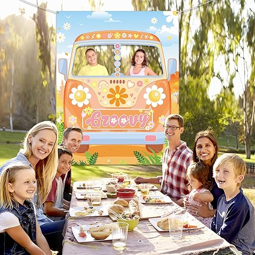 Miniatura 5 de Accesorio de fotos de autobús hippie, decoración de fiesta de cumpleaños genial, tela grande, cartel de puerta de autobús hippie, fondo divertido