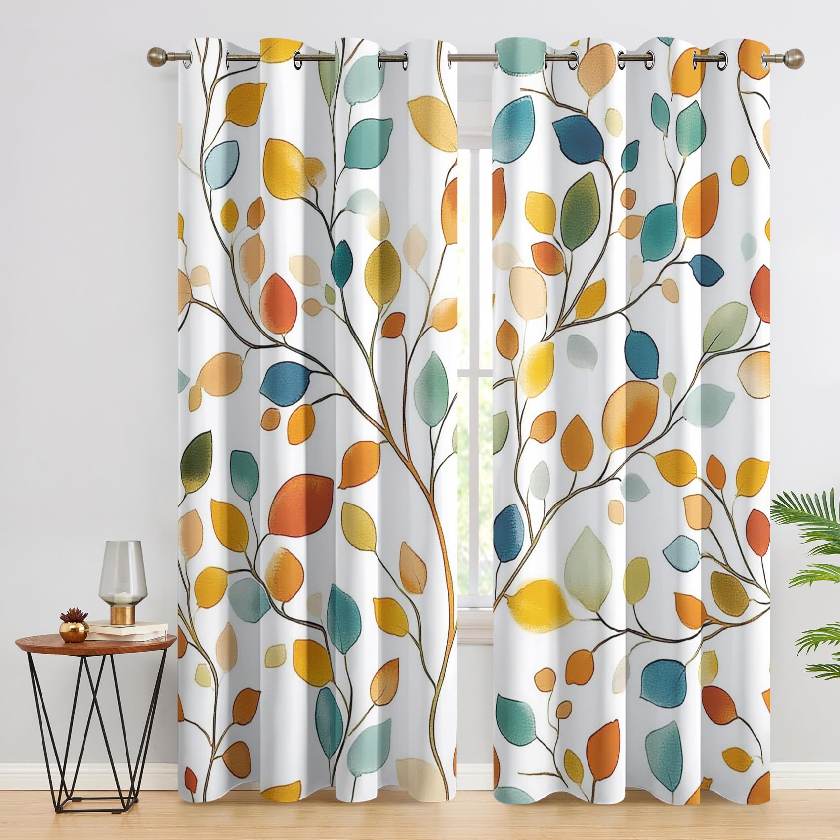 Bunte Blätter Vorhänge, Verdunklungsvorhänge mit Muster Botanisch, Vorhang Blickdicht mit Ösen, Gardinen für Wohnzimmer Schlafzimmer Deko 2er Set - 160x132 (H X B)