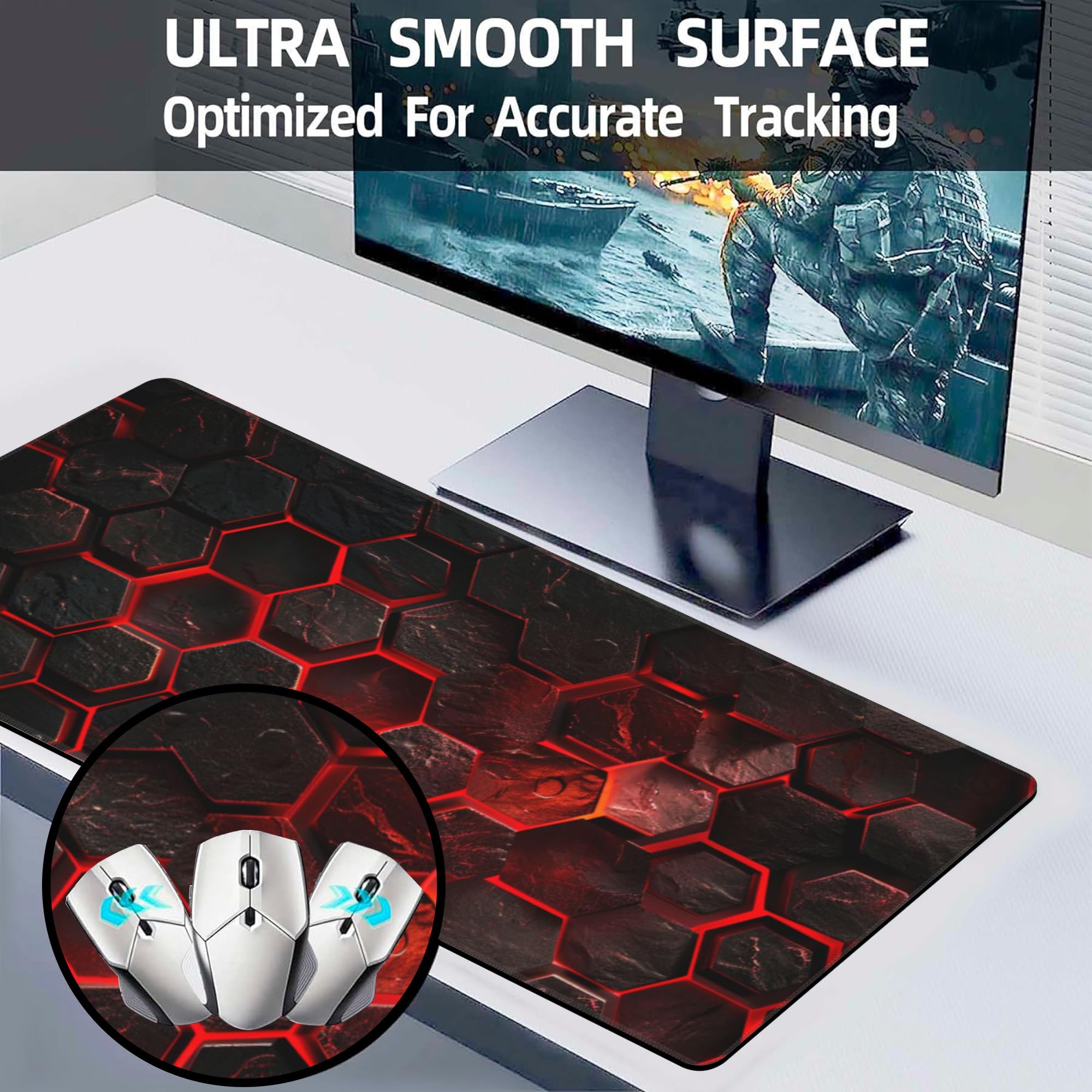 Alfombrilla de mouse grande para juegos, alfombrilla de escritorio con tecnología científica de panal rojo, almohadilla de escritorio hexagonal de panal, alfombrilla de mouse extendida para teclado de