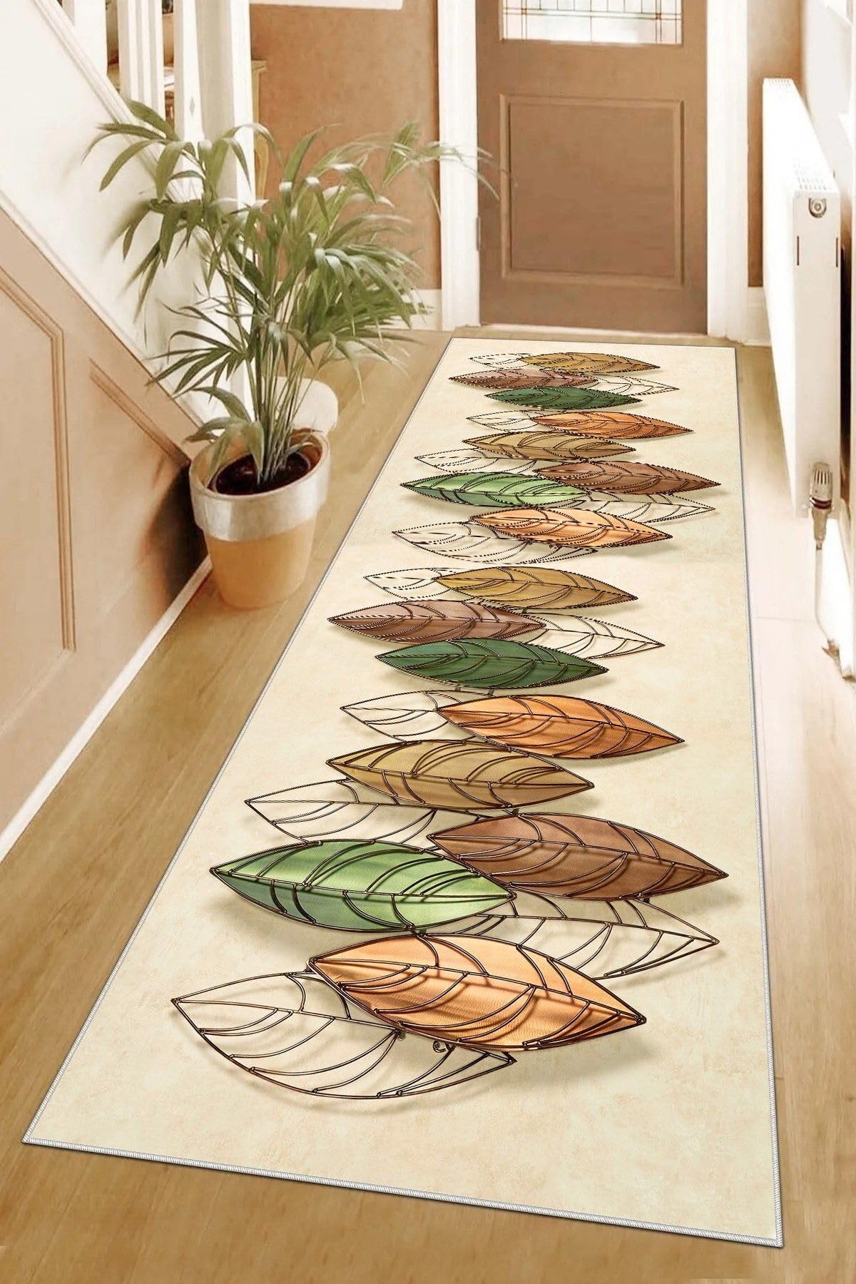 Pelangi Kuş Tüyü Desenli Dijital Baskılı Kaymaz Taban Yıkanabilir Modern Salon Halısı ve Yolluk, Bej-Yeşil 100 x 300, 95551121003007