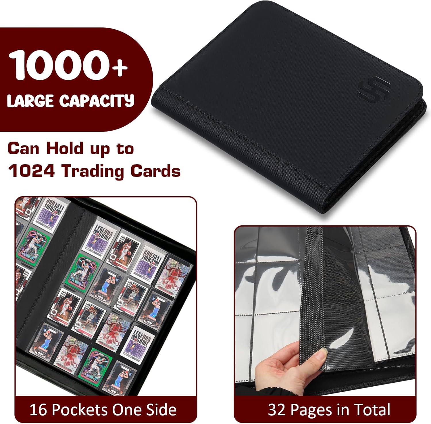 16 Pocket Card Binder, HYMENEX 1000+ Premium Zip Trading Card Binder Side-Loading Slots Card Album Holder for Sports Game Trading Card Protective Organize