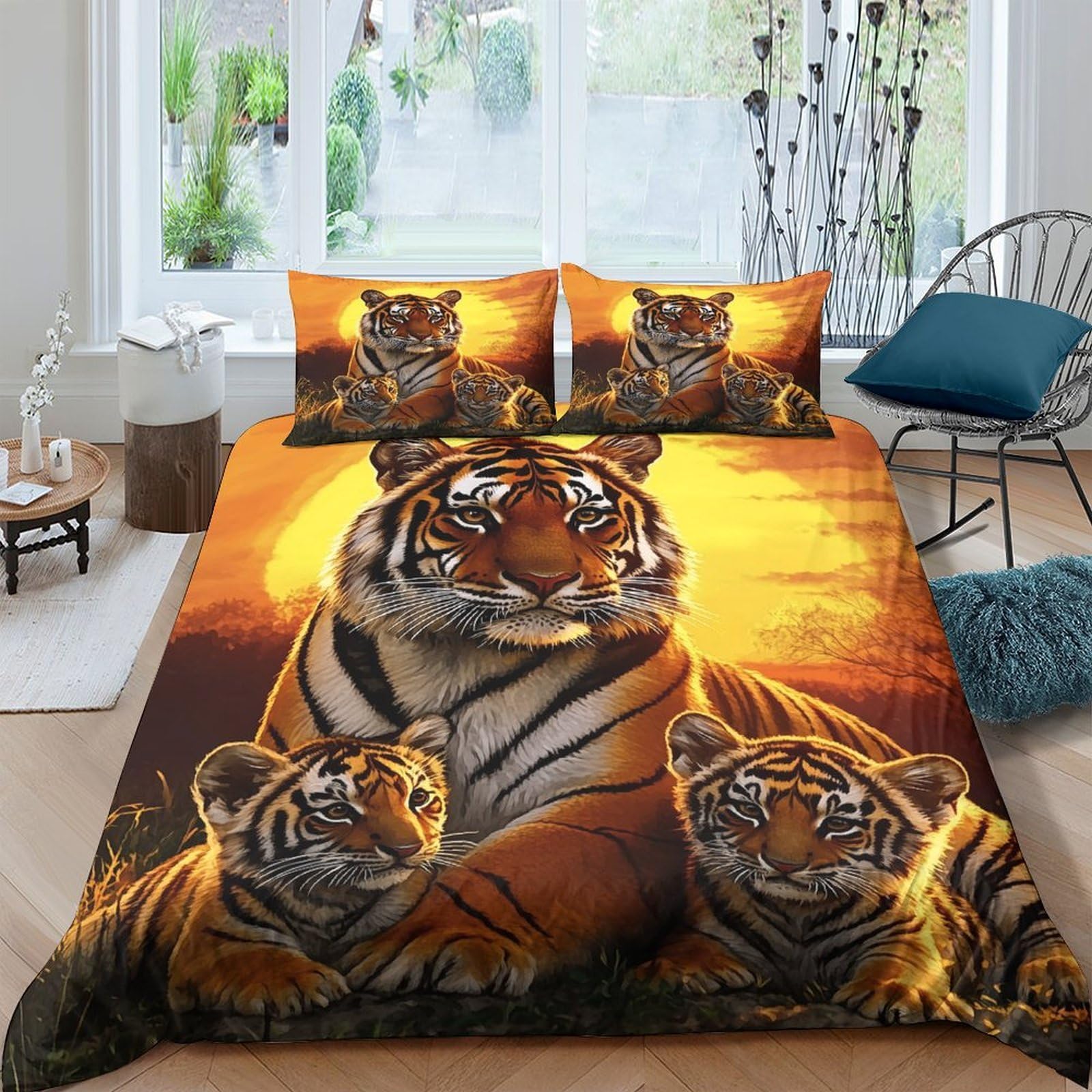 GPLZQXKJNH 3D Printed Tiger Sunset Duvet Cover Microfiber Soft Breathable Wildlife Jungle Bedding Set with 2 Pillowcases for Bedroom Decor Single（135x200cm）