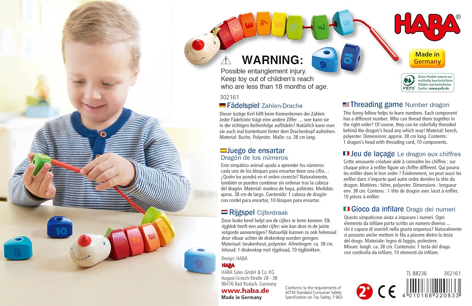 HABA Threading Game Number Dragon | Wooden Threading Toys | 302161