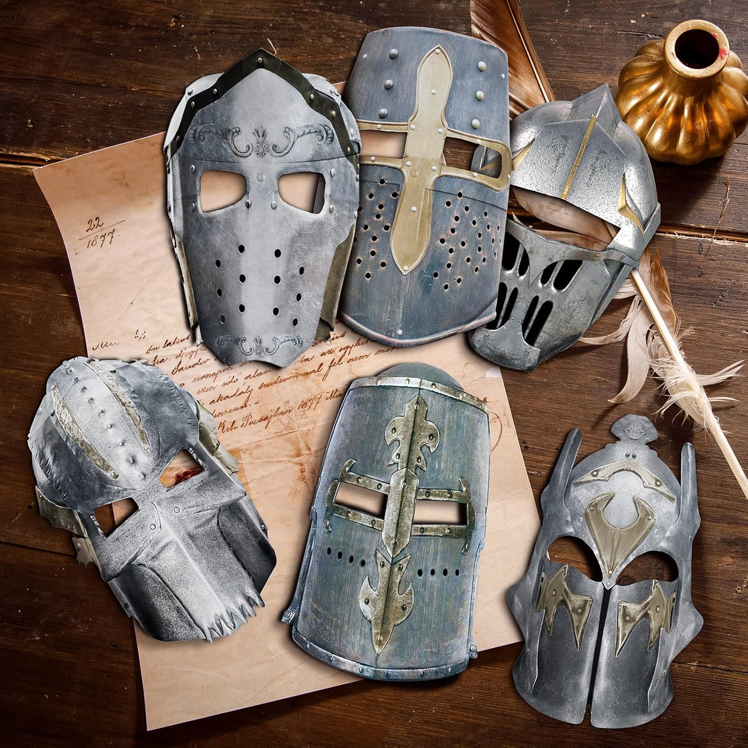 Frienda 12 Pcs Knight Masks for Kids Medieval Party Decor Paper Knight Helmets Masquerade Mardi Gras Mask Costume Gift Accessories