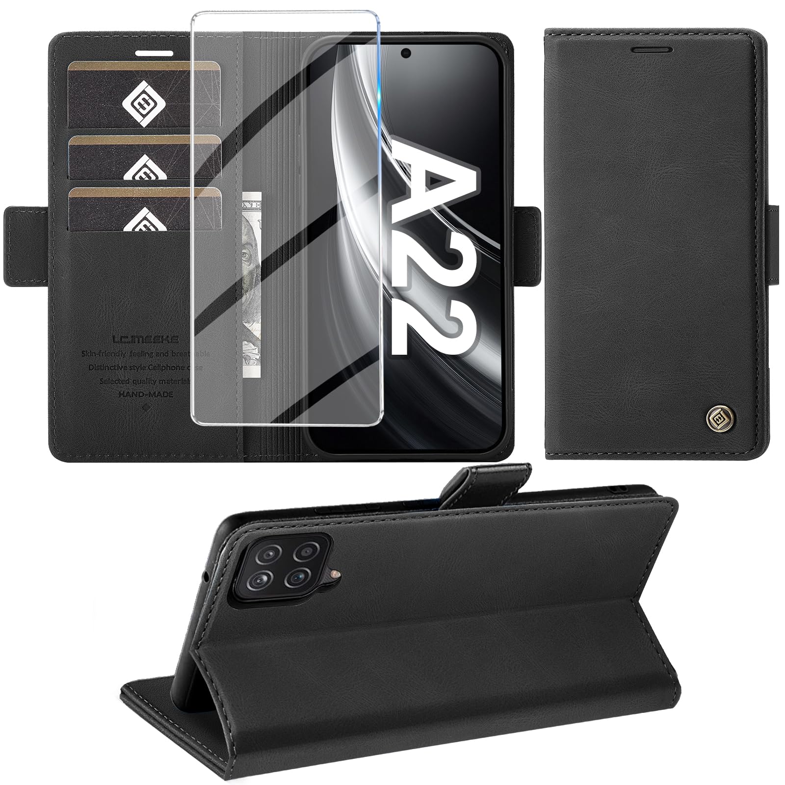 Giyer Handyhülle für Samsung Galaxy A22 5G Hülle mit Schutzfolie, Galaxy A22 5G Hülle Wallet Leder Kartenfach Standfunktion Schutzhülle für Samsung A22 5G Flip Case Cover Klapphülle (Schwarz)
