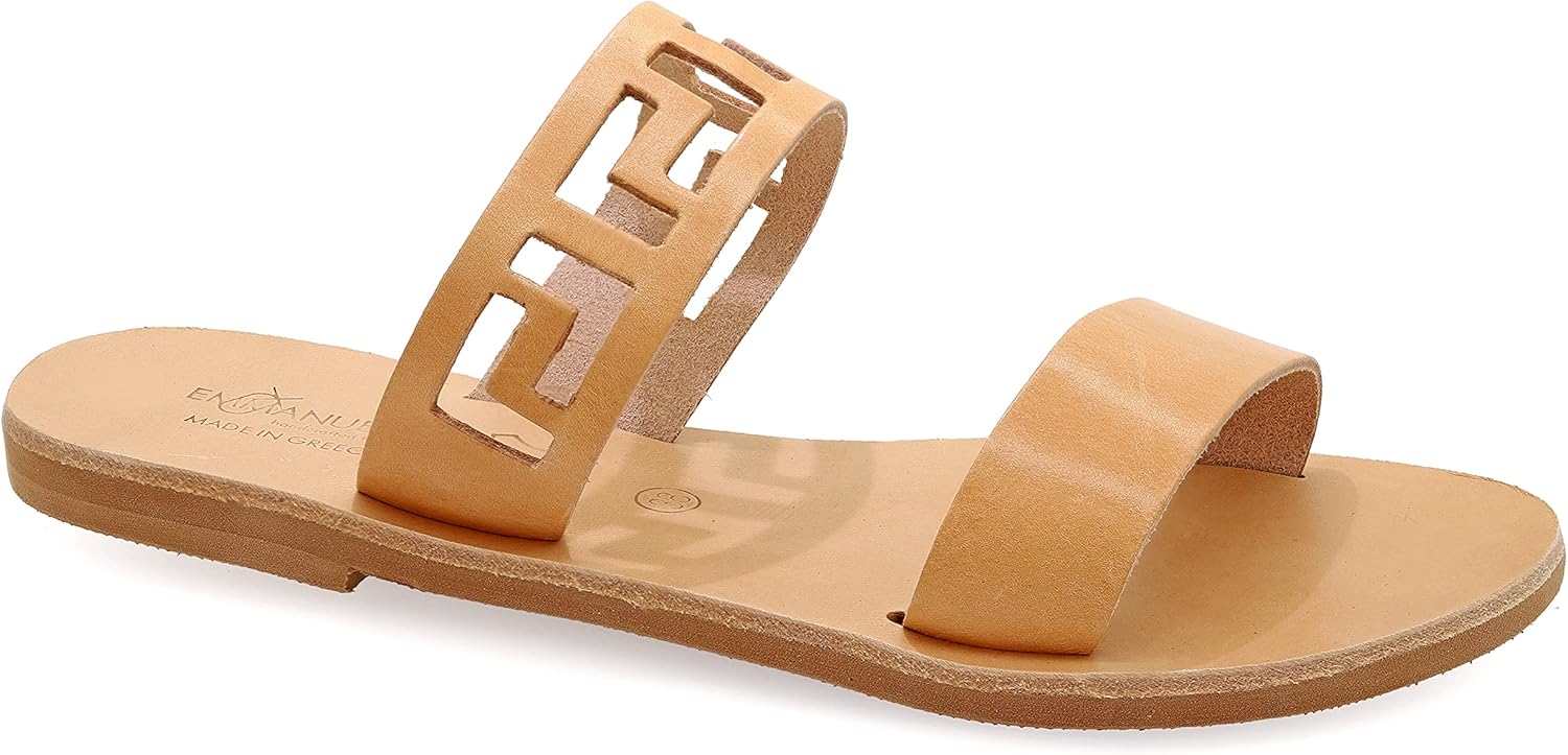 Size 10 Beige Emmanuela Ancient Greek Handmade Leather Flat Sandals with Meanders, Quality Slide on Strappy Summer Shoes for Women, Open Toe Sliders, Boho Chic Mules