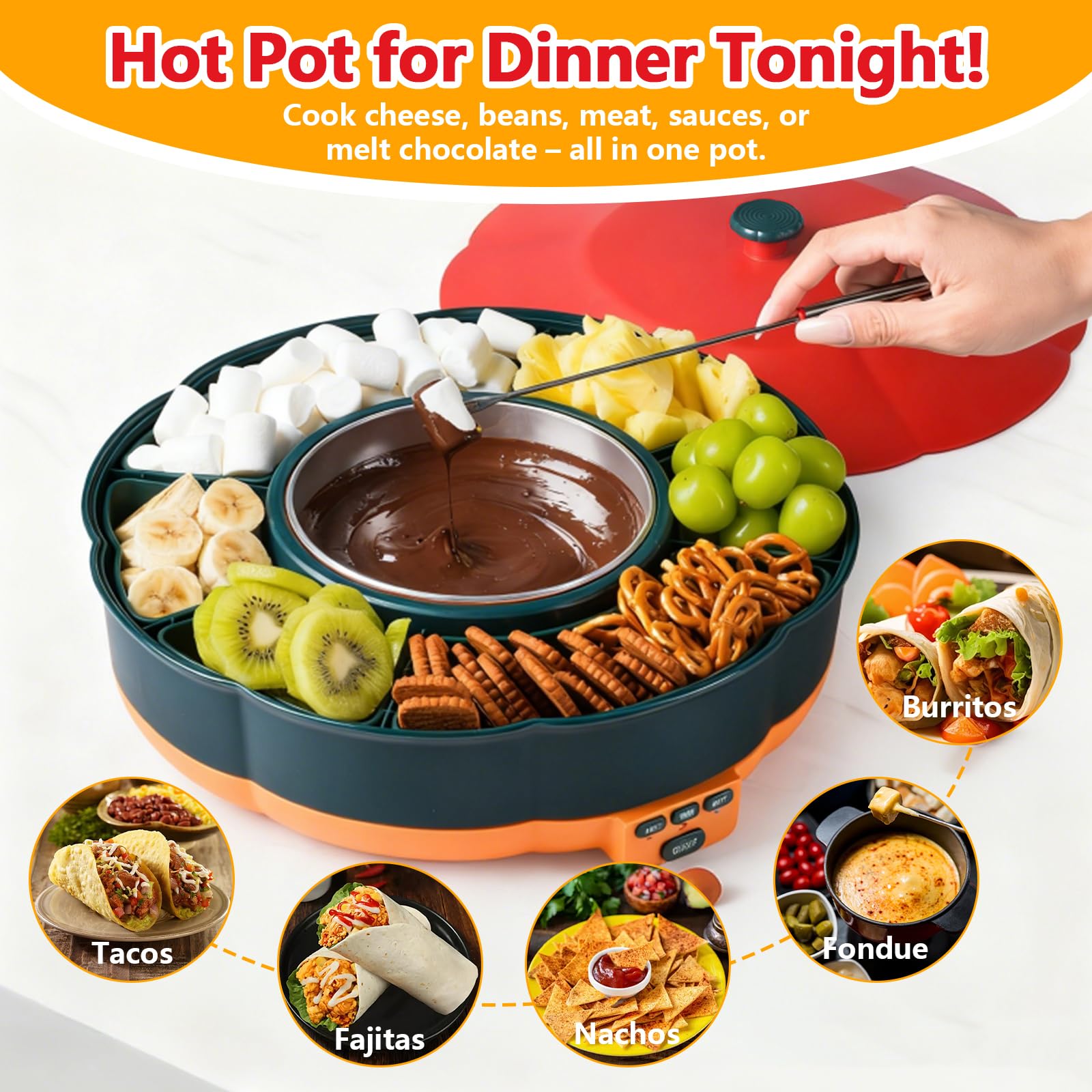 Set Taco Tuesday, Service à Tacos et Fondue au Chocolat avec Chauffe-Plat 1 L, 3 températures, 4 Supports et Plateau tournant, Parfait pour soirées familiales et Desserts