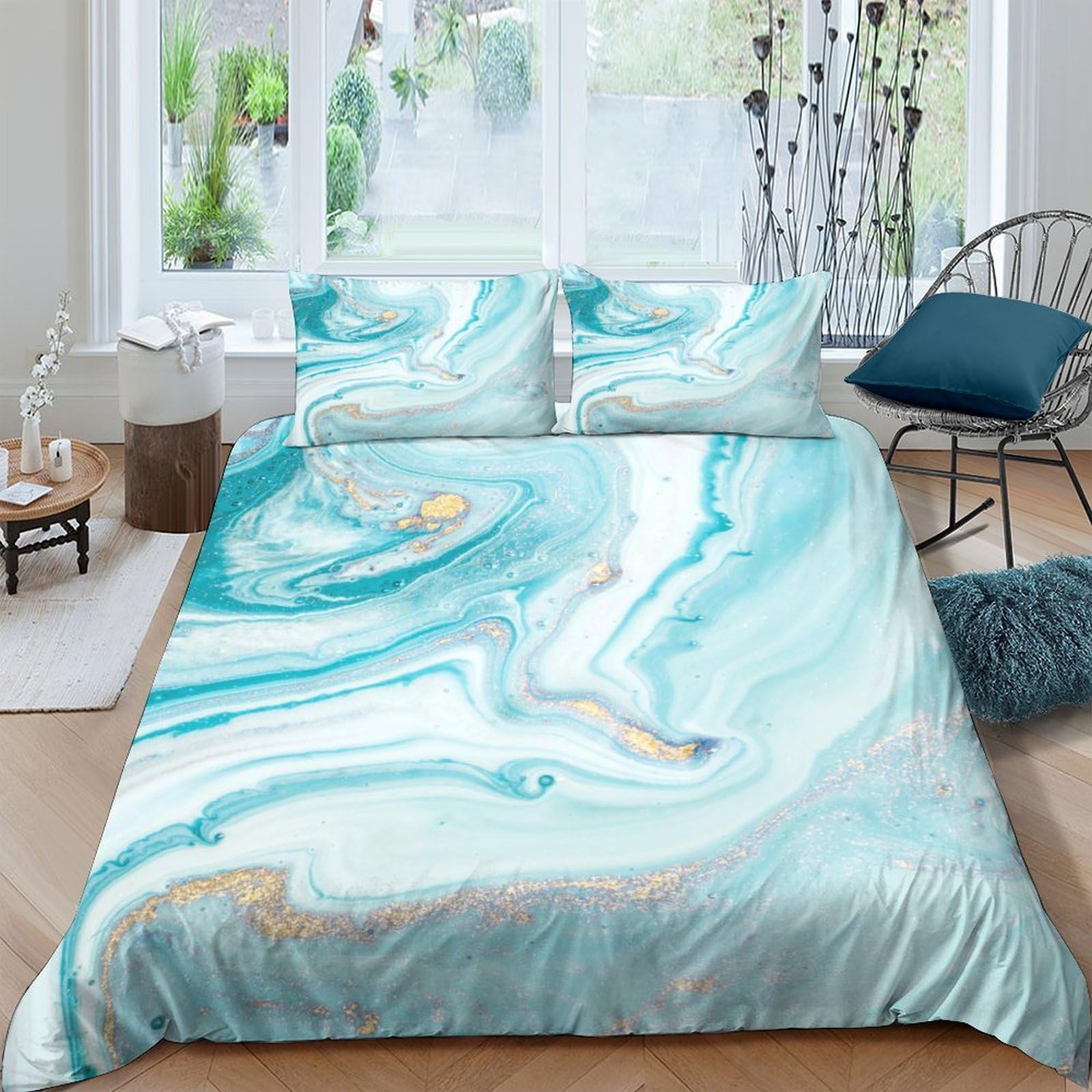 Ctjqhvkz Style-5 3D Printed Marble Blue Fitted Sheet Microfiber Soft Bedroom Decor Gold Vein Bed Cover For Home Guest Room Single（135X200cm）