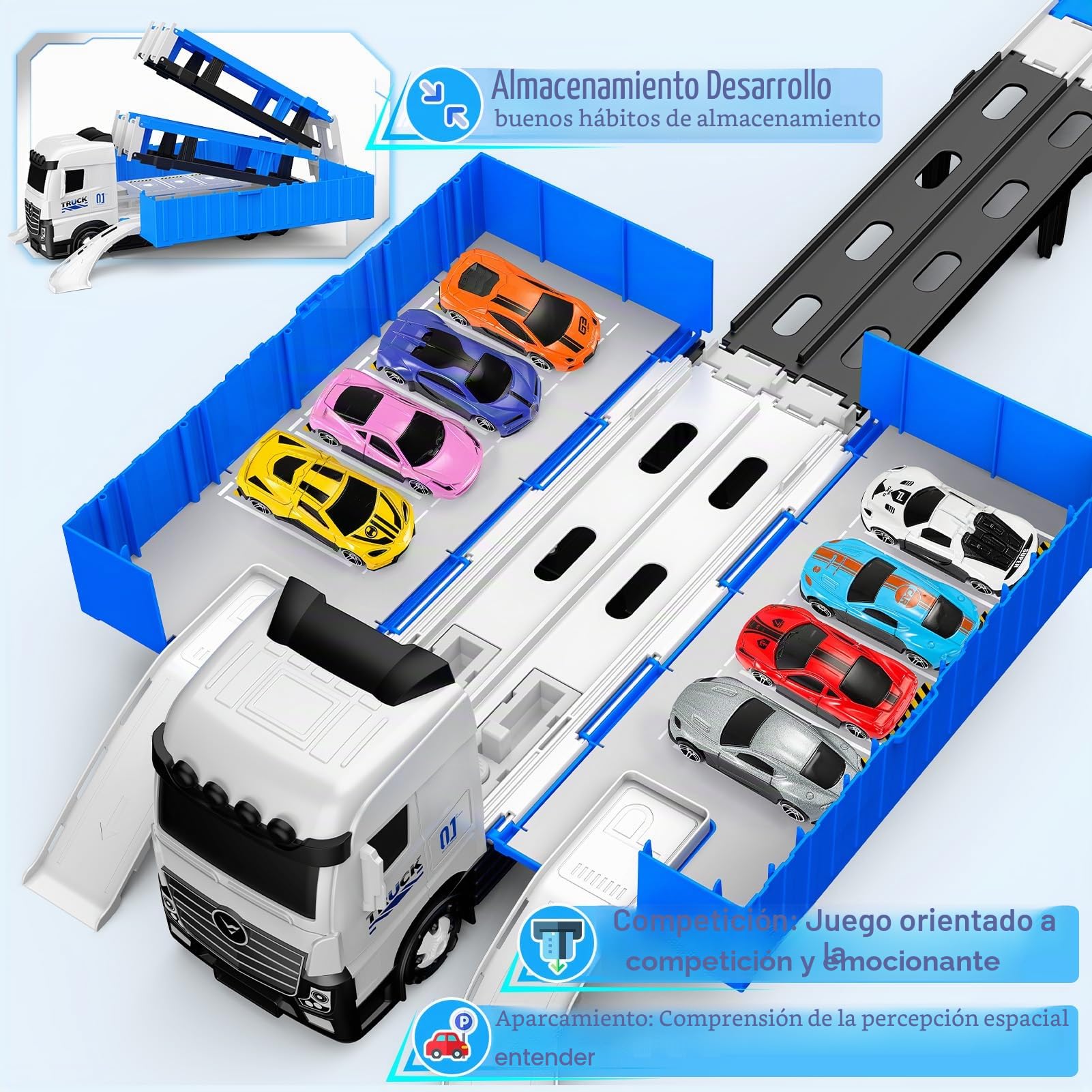 EUCOCO Juguetes Niños 2 3 4 5 6 Años, Camión de Transporte de 156 cm con 8 Mini Coches Regalo Niño Niña 2-6 Años Camiones de Juguete para Niños