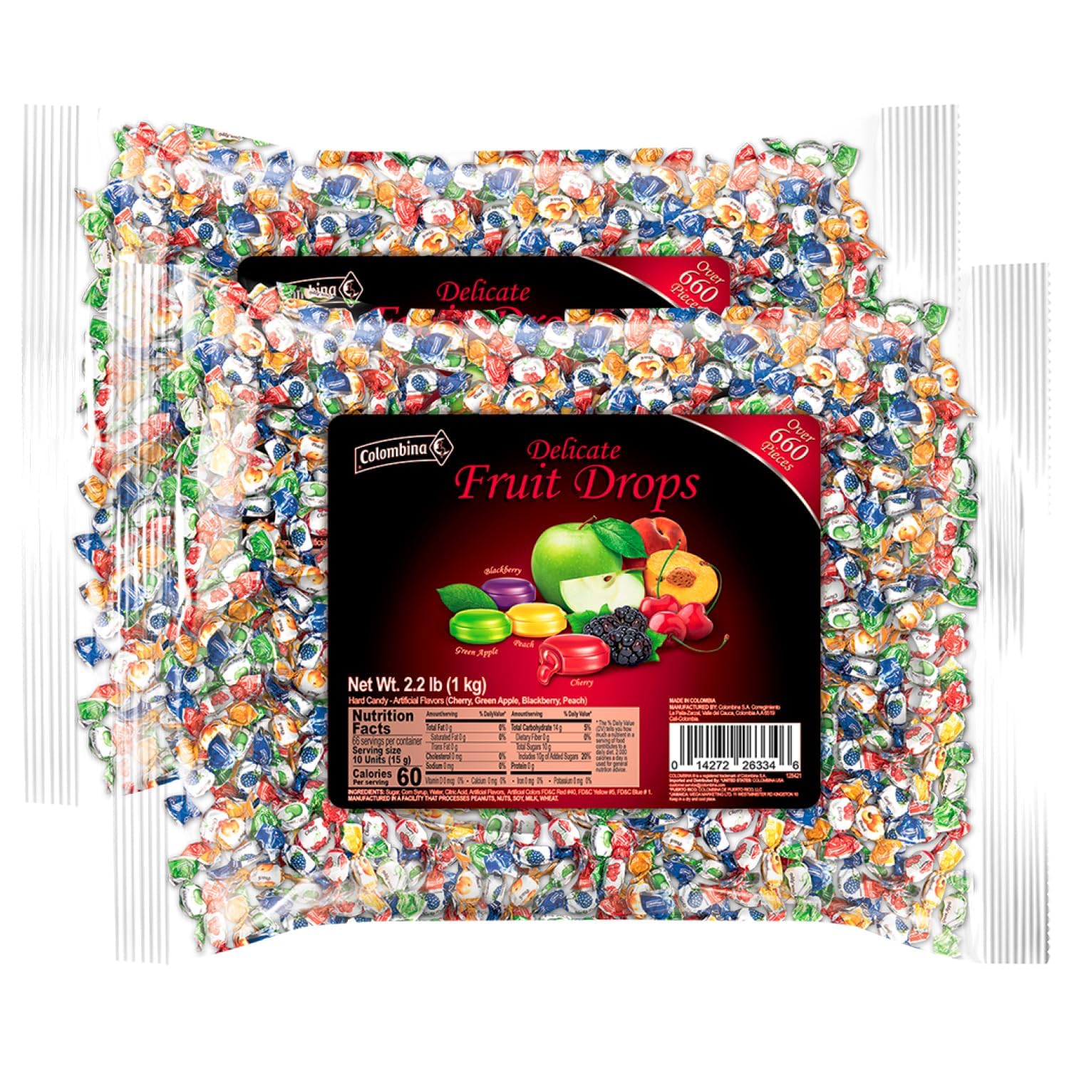 ColombinaDelicate Fruit Drops, 4 Assorted Fruit Candy Flavors, Individually Wrapped, Ideal for Easter, Halloween, and Christmas, 2.2lbs (Pack of 2)