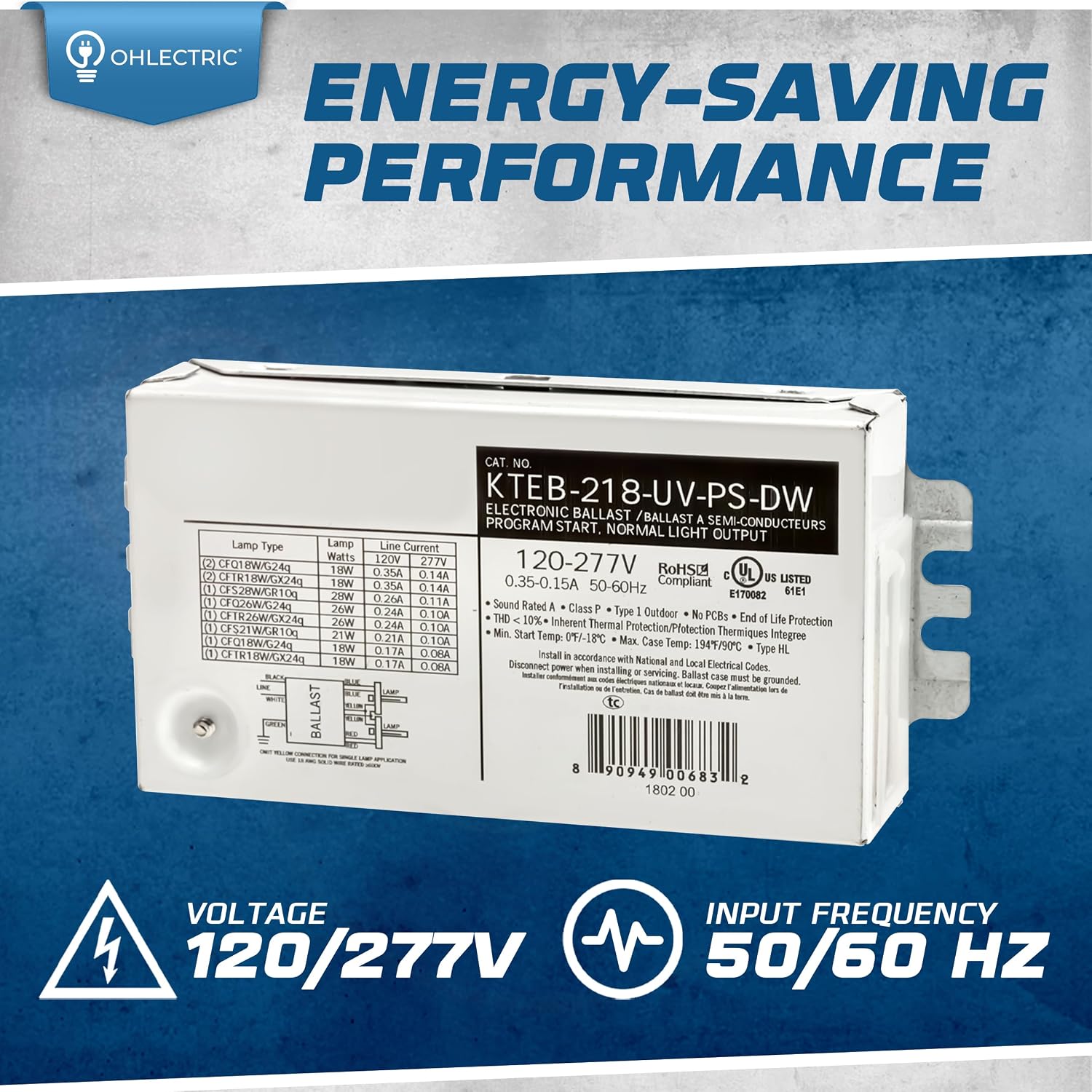 OHLECTRIC Replacement for Keystone KTEB-218-UV-PS-DW | 2 Lamp Compact Fluorescent Electronic Ballast | 18 Watts & 120-277V Input | High Power Factor & Program Start | UL Listed