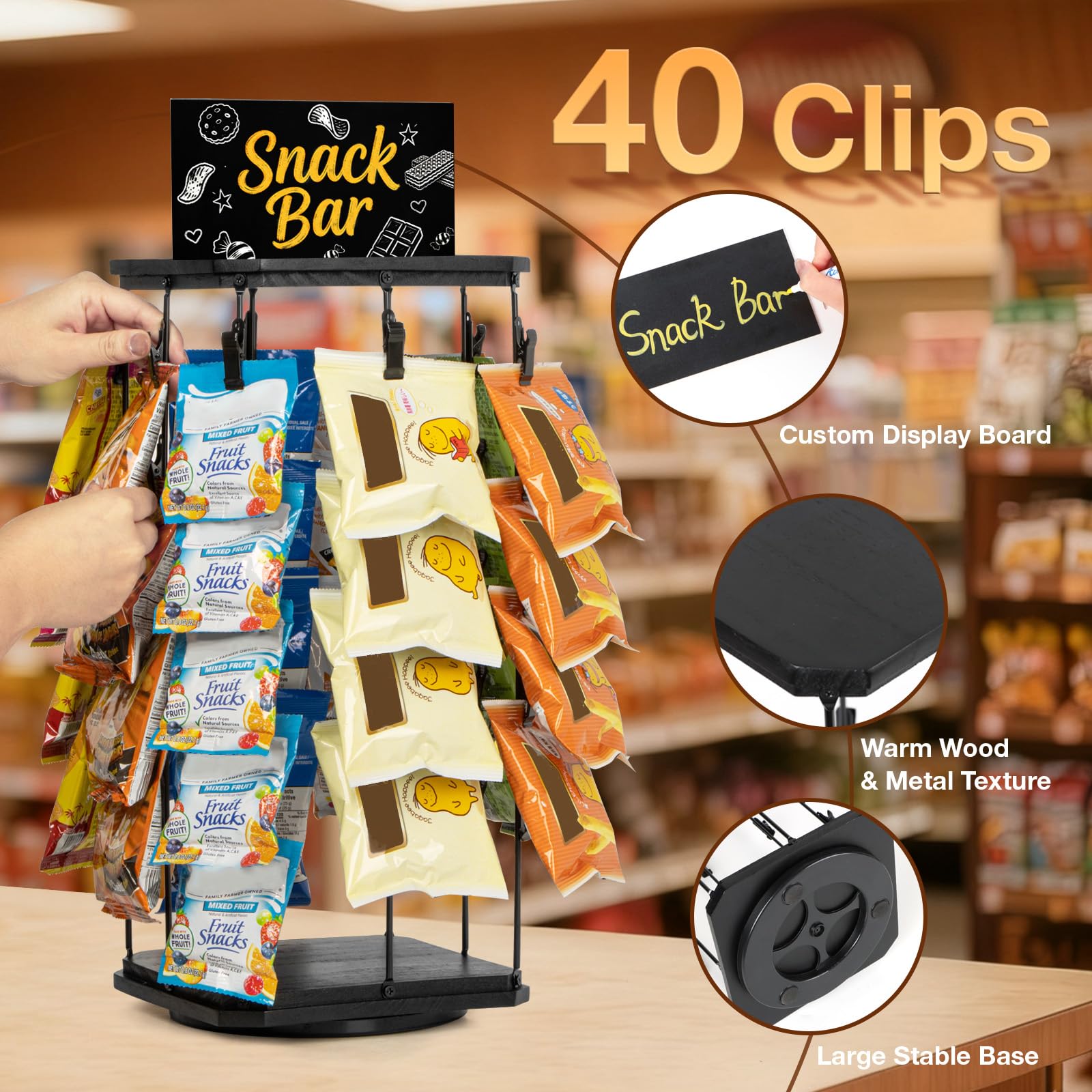 PUERSI Snackregal aus Holz, 5 Etagen Chipständer mit 40 Clips, Drehbarer Snack Display Ständer für Bürotheke, Snack-Organizer, Süßigkeiten Aufbewahrung für Party, Einzelhandel, mit Tafel - Schwarz