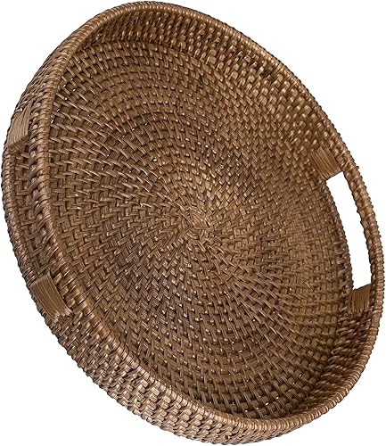 Vista 44 de Hipiwe Bandeja redonda de ratán con asas, bandeja organizadora decorativa tejida a mano para almacenamiento de bebidas de desayuno, aperitivos