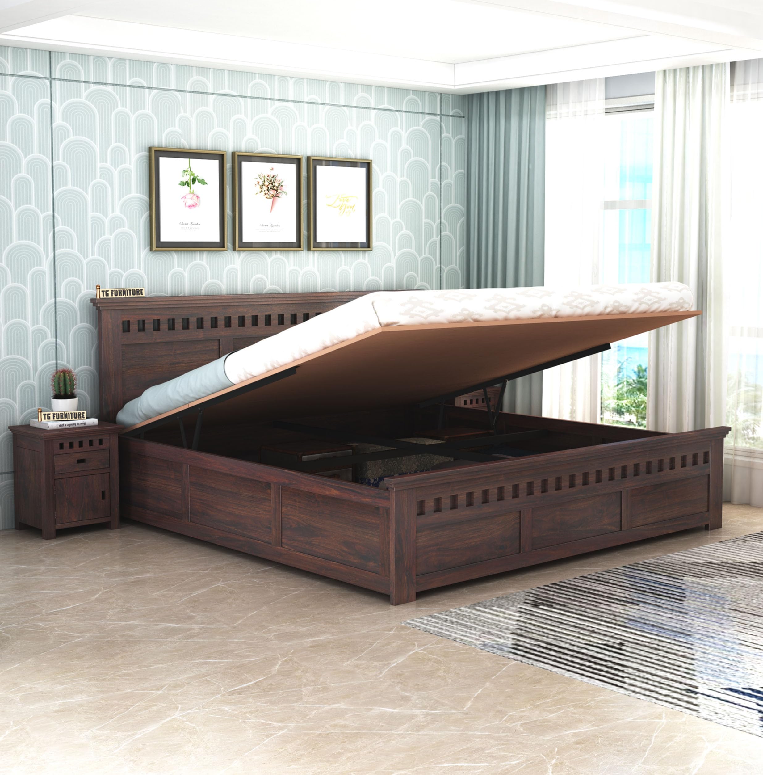 T.G. FURNITURE Solid Sheesham Wood King Size Armania Bed with Hydraulic Storage for Home Wooden Double Beds for Bedroom Living Room (Walnut Finish) (B0CYHDTTQ2) Amazon Price History, Amazon Price Tracker