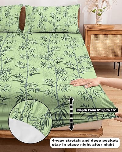 Miniatura 5 de Sábanas bajeras de bambú chino con diseño de plantas forestales, tamaño California King, con bolsillos profundos de 5 a 16 pulgadas, juego de