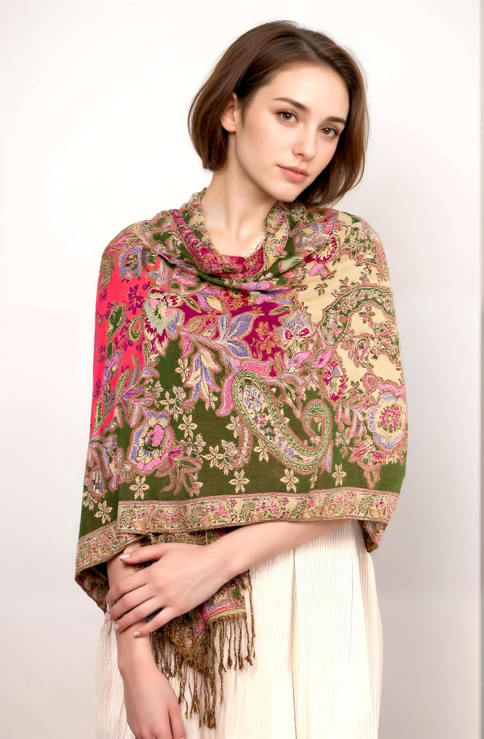 Achillea 2 Pack Solid Champagne Shawl and Paisley Olive Rose Shawl Bundle image 2