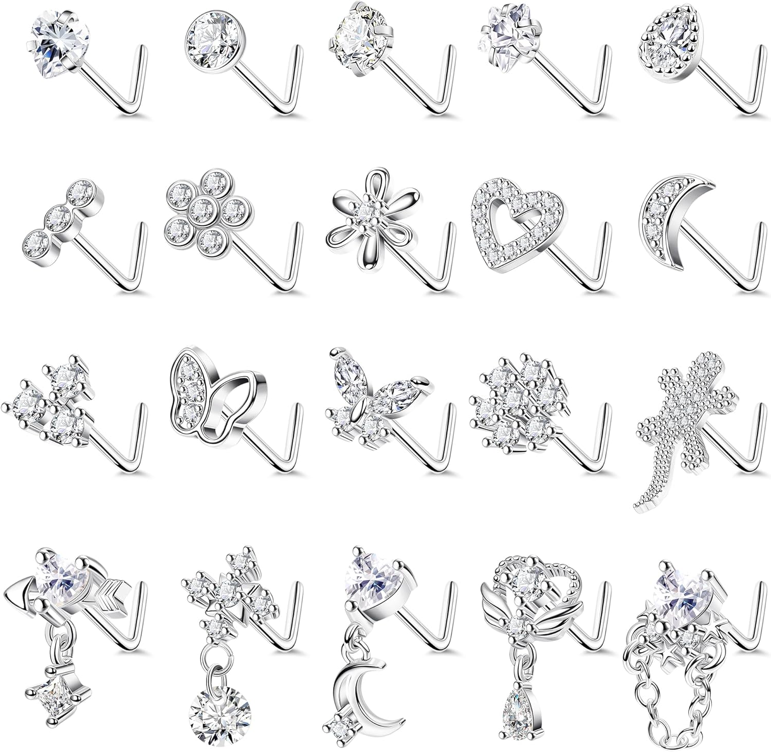 REVOLIA 20Pcs 20G Surgical Steel Dangle Nose Rings L Shaped Nose Ring Studs for Women Men CZ Heart Moon Dangling Flower Butterfly Nose Piercing Jewelry