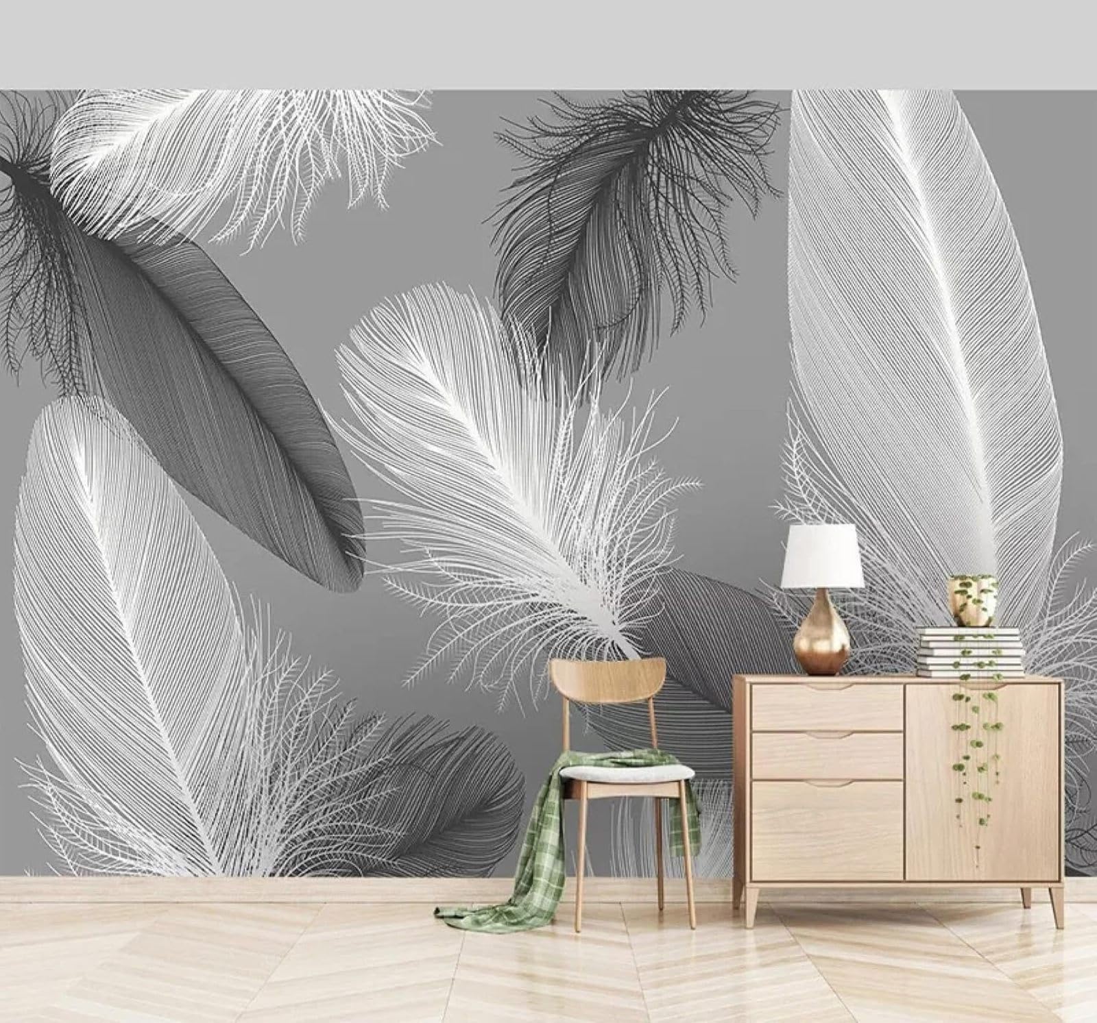 XLMING Minimalist Hand Drawn Three Dimensional Black and White Feathers 3D Wallpaper Luxury Silk Study Dining Feature Sofa Grey Bedroom Living Room Tv Decorative Wall-150cm×105cm
