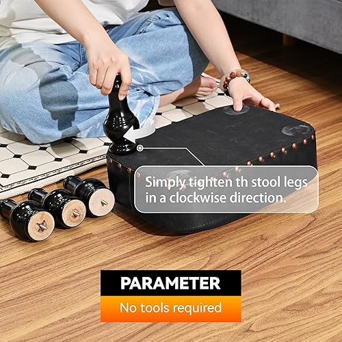 Miniatura 6 de Reposapiés de cuero, otomana de madera, taburete rústico otomano, reposapiés de madera, reposapiés rectangular pequeño otomano para dormitorio, sala