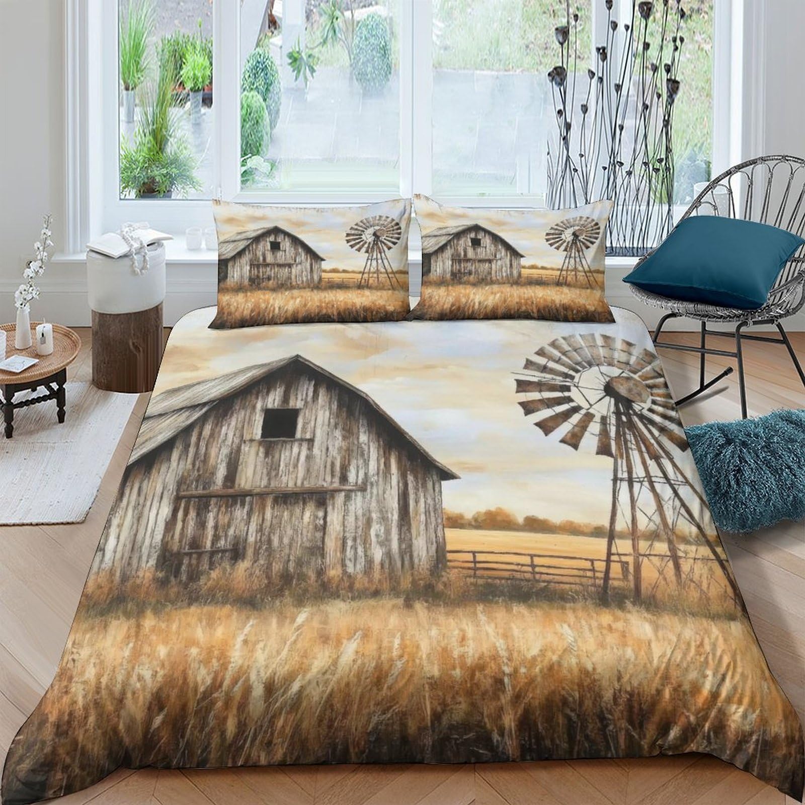 Ctjqhvkz Style-1 3D Printed Rustic Barn Fitted Sheet Microfiber Soft Windmill Field Mattress Cover Bedroom Dorm Decor Easy Care Single（135X200cm）