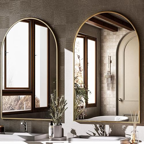 Miniatura 5 de HARRITPURE Espejo de baño arqueado de 20 x 30 pulgadas, espejo de pared, espejo de arco dorado, marco de aleación de aluminio, espejo de baño, sala