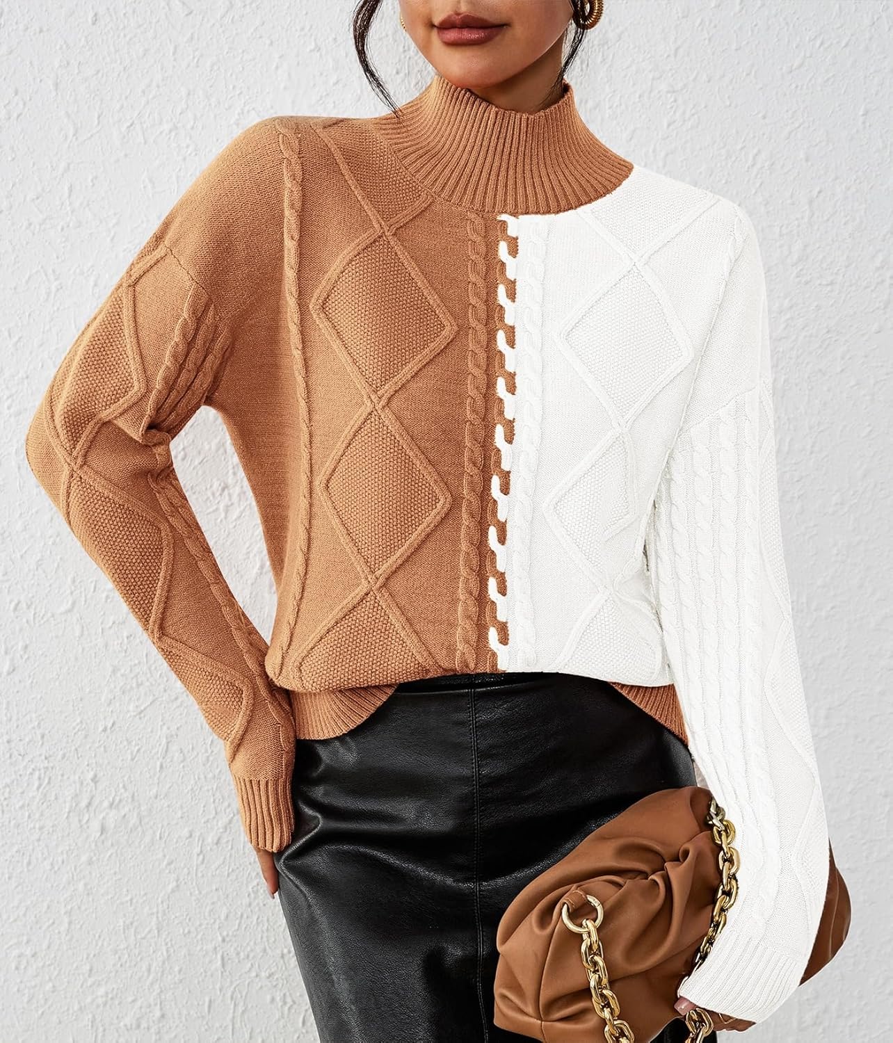 Pink Queen Women's Chunky Sweaters 2025 Fall Winter Long Sleeve Mock Neck Cable Knit Colorblock Pullover Jumper Tops - Image 7